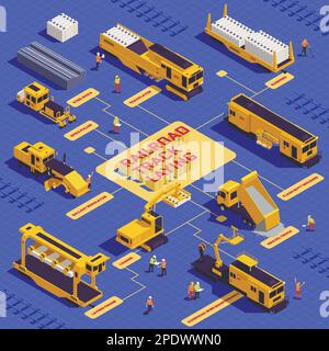 Diagramma di flusso isometrico della posa di binari ferroviari con materiale da costruzione di macchinari e operai su sfondo blu illustrazione vettoriale Illustrazione Vettoriale