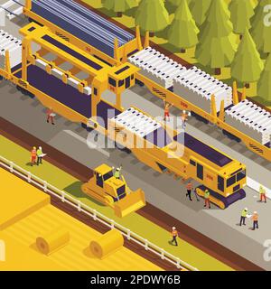 Processo di posa di binari ferroviari con operai e traversine su tracklayer 3D illustrazione vettoriale isometrica Illustrazione Vettoriale