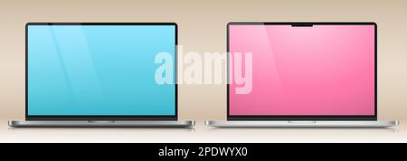 Due computer portatili con schermi blu e rosa su sfondo sfumato beige. Illustrazione Vettoriale