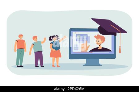 Cute bambini piccoli che guardano conferenza online sullo schermo del computer Illustrazione Vettoriale