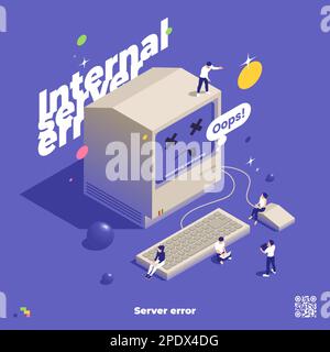 Web hosting icone composizione isometrica di testo e vecchio stile computer con infelice volto e gli utenti vettore illustrazione Illustrazione Vettoriale