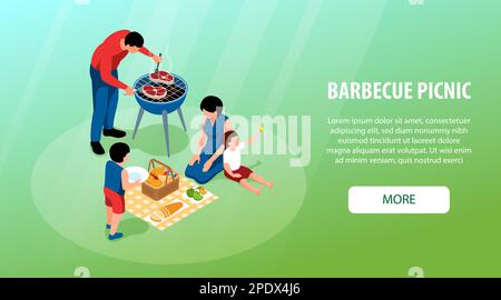 Banner orizzontale barbecue isometrico con famiglia mangiare carne alla griglia all'aperto vettore illustrazione Illustrazione Vettoriale