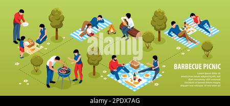 Diagramma di flusso del barbecue isometrico con le persone che preparano il grill su illustrazione del vettore picnic Illustrazione Vettoriale