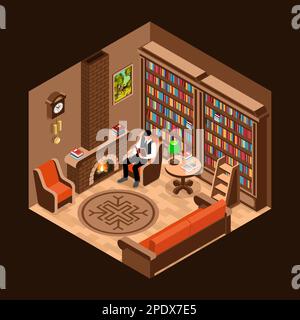 Interno libreria isometrica con libro lettura uomo vicino camino vettore illustrazione Illustrazione Vettoriale