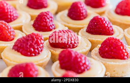 Tartine di lampone con cagliata di limone su un piatto bianco. Elegante dessert di pasticceria. Primo piano. Messa a fuoco selettiva Foto Stock