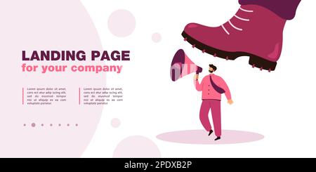 Stivale gigante che si stalla su un piccolo lavoratore che tiene il megafono Illustrazione Vettoriale