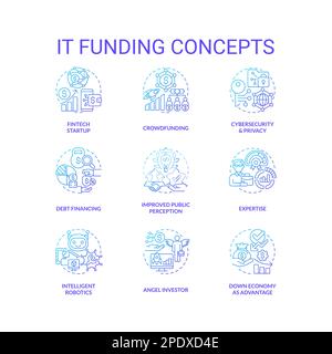 Che finanzia il set di icone di concetto di gradiente blu Illustrazione Vettoriale