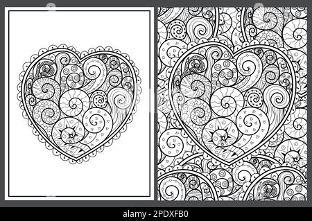 Le pagine disegnate a mano del cuore del doodle colorano sono impostate nel formato della lettera degli Stati Uniti. Motivi in bianco e nero Illustrazione Vettoriale