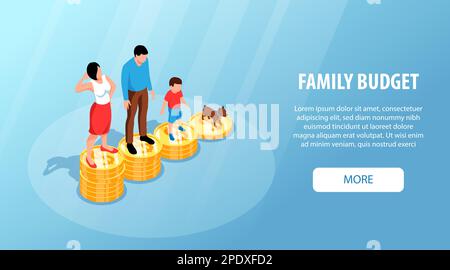 Composizione isometrica di bilancio familiare con persone in piedi su pile di monete vettore illustrazione Illustrazione Vettoriale