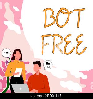 Segno di scrittura a mano Bot Free. Parola scritta su un programma per computer che funziona automaticamente Internet robot Foto Stock
