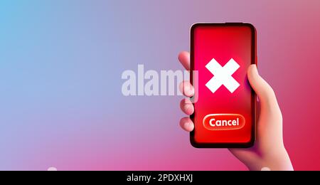 Per confermare l'annullamento nel telefono, la mano tiene il dispositivo. Illustrazione vettoriale Illustrazione Vettoriale