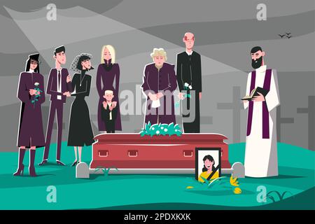 Composizione di morte funeraria piatta addolente famiglia e sacerdote in piedi di fronte ai loro parenti bara vettore illustrazione Illustrazione Vettoriale