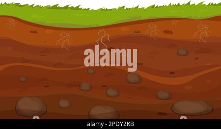 Terreno, terreno con strati, radici di erba e pietre, sezioni di terra in stile cartoon isolato su sfondo bianco. Illustrazione vettoriale Illustrazione Vettoriale