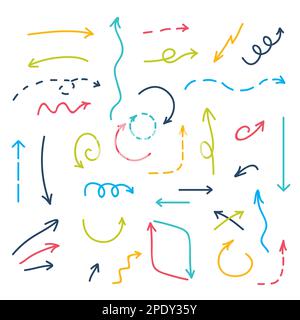 Frecce multicolore disegnate a mano. Disegno di frecce per bambini. Uso per la letteratura per bambini, programmi educativi, indicazioni, sviluppo generale Illustrazione Vettoriale