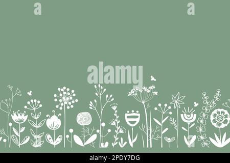Le silhouette di fiori ed erbe fiabe si abbelliscono allo stile scandinavo, con un motivo vettoriale senza cuciture. Doodle fiore sfondo prato. Progettazione di schede Illustrazione Vettoriale