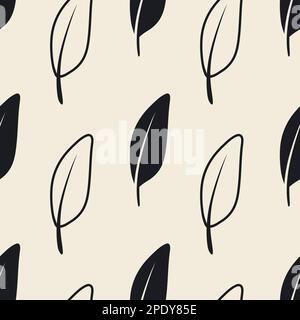 Modello vettoriale senza cuciture con diverse silhouette nere morbide in piuma su sfondo bianco. Modello di disegno di Flamingo, angelo, piume dell'uccello per Illustrazione Vettoriale