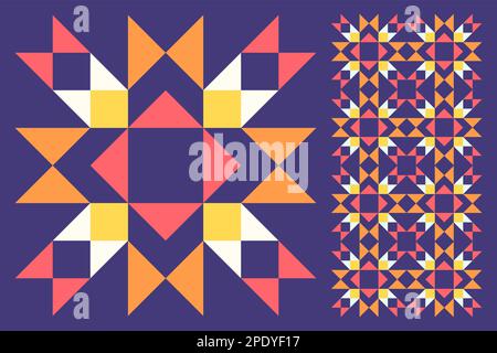 Set di piastrelle in ceramica per pavimenti a motivi geometrici. Motivo geometrico astratto ispirato alla trapunta in piumino. Sfondo astratto dai colori vivaci e luminosi. Colori semplici. Illustrazione Vettoriale
