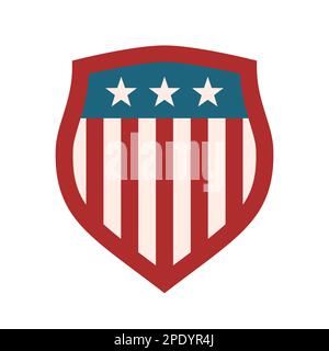 Simbolo americano dello scudo. Emblema della squadra sportiva. Tema della bandiera degli Stati Uniti d'America. Colori patriottici rosso, blu, bianco. USA segno con stelle e strisce. Illustrazione Vettoriale