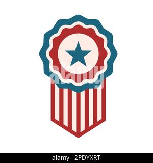 Nastro premio americano. Tema della bandiera degli Stati Uniti d'America. Badge blu, rosso e bianco con una stella. Banner patriottico. Strisce di linee rosse e bianche. Vettore Illustrazione Vettoriale