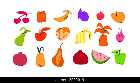 Disegnata a mano vettore astratto semplice set contemporaneo di decorazione creativa moderne forme minimaliste, forme e doodle frutta ananas, limone, banana Illustrazione Vettoriale