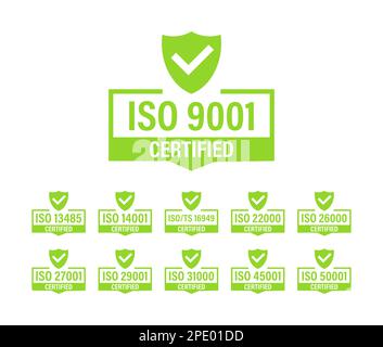 Set di etichette e timbri di certificazione ISO. Badge con certificazione ISO. Gestione della sicurezza delle informazioni Illustrazione Vettoriale