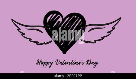 Cuore con ali d'angelo, disegnato a mano. Illustrazione Vettoriale