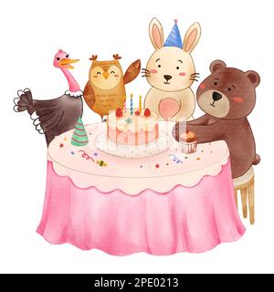 Festa di compleanno e torta sul tavolo con animali selvatici . Vernice acquerello realistica con carta testurizzata . Disegno di carattere di cartone animato . Vettore . Illustrazione Vettoriale