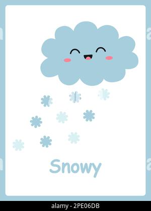 Carta innevata. Carino fumetti nuvole e fiocchi di neve. Schede per bambini per imparare con gli elementi del tempo. Illustrazione vettoriale Illustrazione Vettoriale