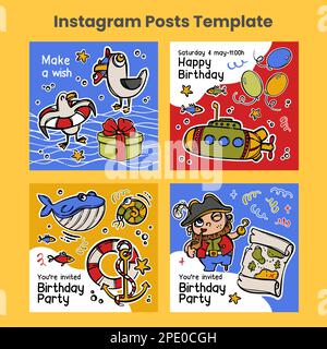 COMPLEANNO PIRATA POST Design Cards Social Media Templates Cartoon Marine Collection disegnata a mano con Mottos e Sea Attributes oggetti per tagliare VECTO Illustrazione Vettoriale