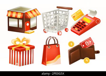 Shopping. 3d negozio vettoriale, troly, macchina per la fatturazione, regalo, shopping bag e portafoglio Illustrazione Vettoriale