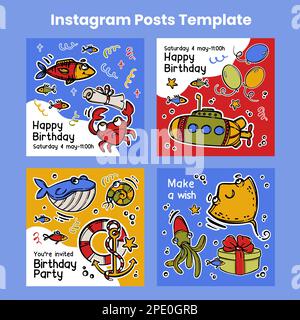 PIRATI DI COMPLEANNO Post Design Cards Social Media Templates Cartoon Marine Collection disegnata a mano con Mottos e Sea Attributes oggetti per tagliare Vect Illustrazione Vettoriale