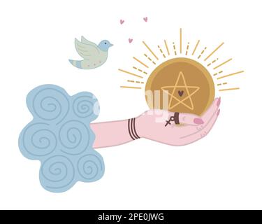 ACE di pentacles, simbolo della carta tarocchi in stile boho. Il simbolo della ricchezza Illustrazione Vettoriale