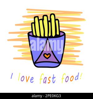 Fast food doodle e testo, illustrazione colorata Illustrazione Vettoriale