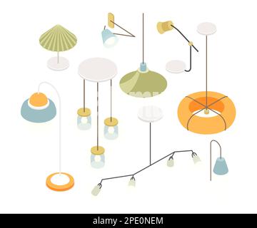 Lampade e impianti di design - moderni elementi vettoriali isometrici colorati Illustrazione Vettoriale