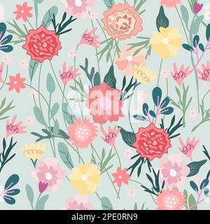 Motivo senza cuciture con fiori luminosi, foglie verdi. Motivo botanico perfetto per carta, copertina, carta da parati, tessuto, poster. Grafica vettoriale. Illustrazione Vettoriale