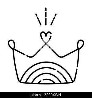 Carino corona con arcobaleno e cuore, illustrazione linea nera in stile semplice e minimal Illustrazione Vettoriale
