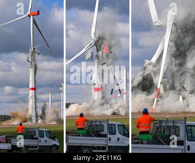 Jacobsdorf, Germania. 15th Mar, 2023. KOMBO: L'immagine combinata in tre parti mostra la demolizione di una nuova turbina eolica a causa di difetti di costruzione. Una turbina eolica identica era crollata nel 2021 al confine tra la regione della Ruhr e Münsterland. Quattro di queste turbine interessate si trovano qui vicino a Jacobsdorf. A causa di gravi danni alla torre in cemento, la nuova turbina eolica è stata ora gonfiata. Anche le altre tre turbine sono in fase di smantellamento. Credit: Patrick Pleul/dpa/Alamy Live News Foto Stock