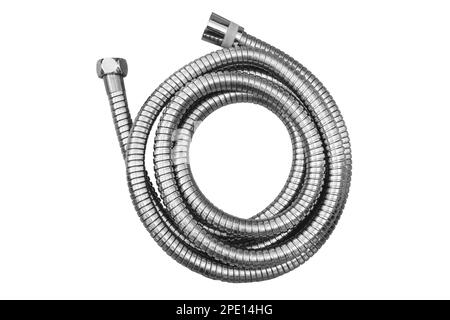 Tubo corrugato inox corrugato per doccia su fondo bianco Foto Stock