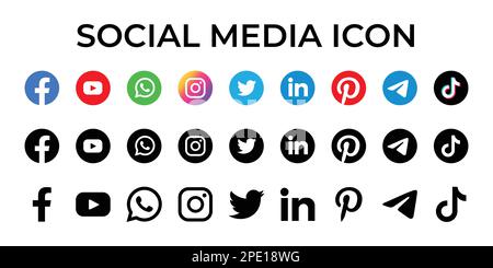 Collezione di popolari logo dei social media. Facebook, youtube, whatsapp, instagram, twitter, linkedin, pinterest, telegramma, Tiktok. Illustrazione Vettoriale