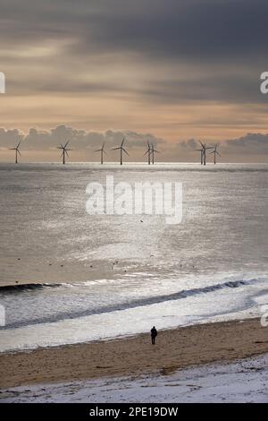 La mattina presto vista mare di Scroby Wind Farm al largo della costa Norfolk da Scratby scogliere vicino a Great Yarmouth. Foto Stock