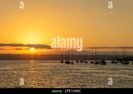 Silhouette di barche al tramonto nel porto di San Diego, California Foto Stock