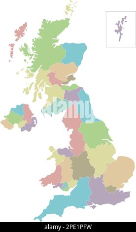 Mappa vettoriale vuota del Regno Unito con divisioni amministrative. Livelli modificabili ed etichettati in modo chiaro. Illustrazione Vettoriale