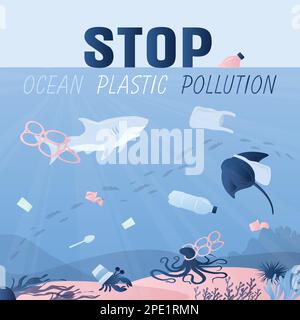 Mondo subacqueo con rifiuti di plastica e rifiuti vari. Testo di arresto dell'inquinamento di plastica dell'oceano. Pesci e animali subacquei a rischio. Concetto di ecologia backg Illustrazione Vettoriale