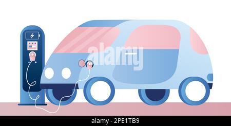Moderna auto elettrica e stazione di ricarica. Concetto di tecnologia verde. Veicolo ecologico in stile alla moda. Illusione vettoriale piatta Illustrazione Vettoriale