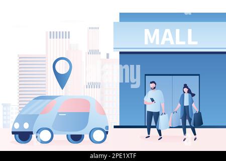 Background del servizio di car sharing. Le persone noleggiano un veicolo per un breve periodo. Auto moderna e famiglia coppia con borse per lo shopping dopo lo shopping. Stile alla moda v Illustrazione Vettoriale