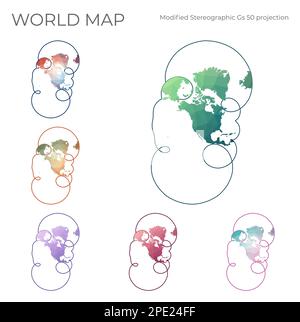 Mappa mondo Poly bassa impostata. Proiezione stereografica modificata per gli Stati Uniti, compresi Alaska e Hawaii. Raccolta di mappe del mondo in geometrico Illustrazione Vettoriale