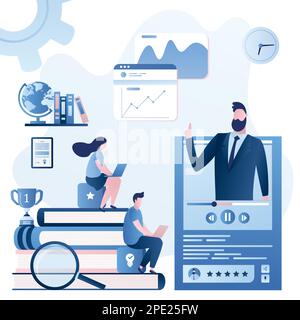 Formazione online o formazione aziendale. Video corso finanziario con mentore maschile e persone d'affari seduti su un mucchio di libri e char learning.Business Illustrazione Vettoriale