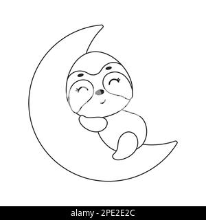 Pagina da colorare carino piccolo sloth che dorme sulla luna. Libro da colorare per bambini. Attività educativa per bambini e bambini in età prescolare con animali carini. Illustrazione Vettoriale
