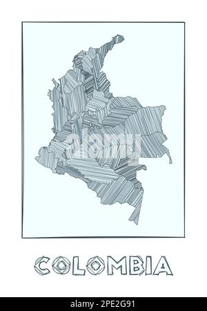 Mappa della Colombia. Mappa del paese disegnata a mano in scala di grigi. Regioni piene con strisce di acconciatura. Illustrazione vettoriale. Illustrazione Vettoriale