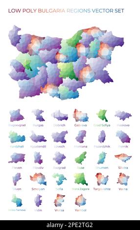 Regioni poliliche basse bulgare. Mappa poligonale della Bulgaria con le regioni. Mappe geometriche per il progetto. Illustrazione vettoriale brillante. Illustrazione Vettoriale